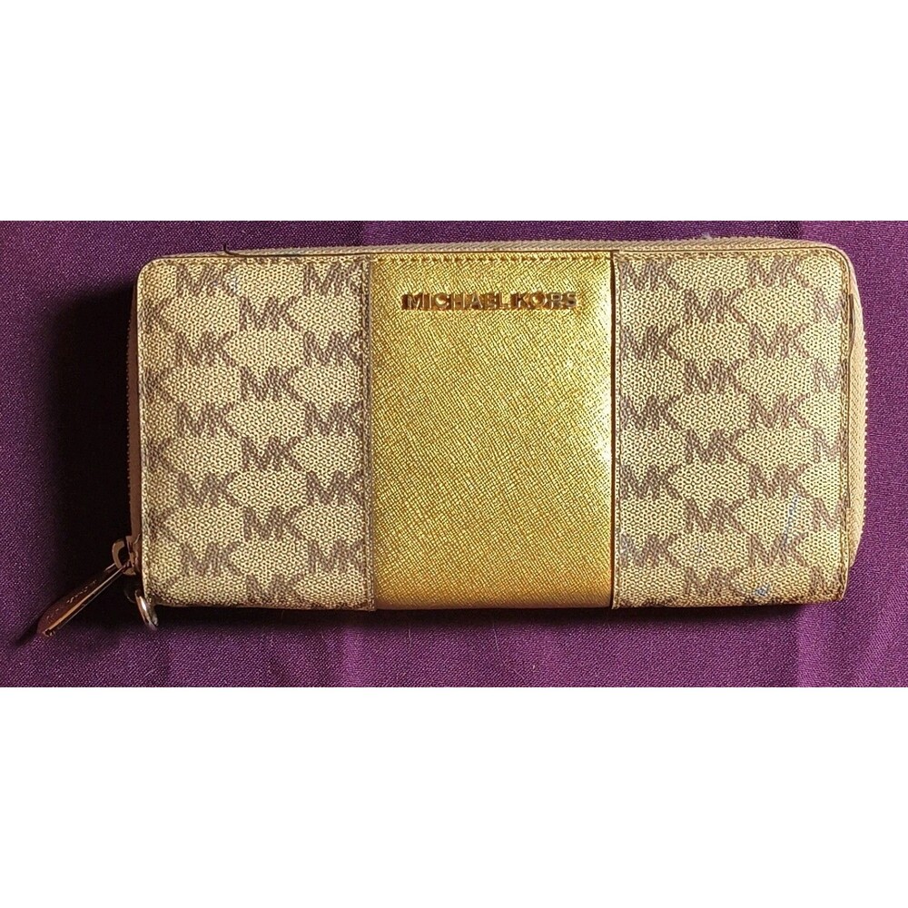 Michael Kors Signature MK Logo Zip Around Continental Wallet Gold Stripe